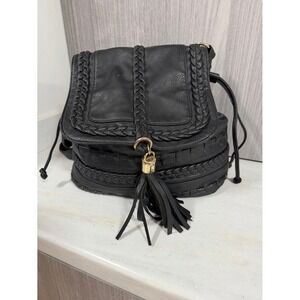 Black Faux Leather Braided Tassel Drawstring Bucket Crossbody Bag Boho Messenger